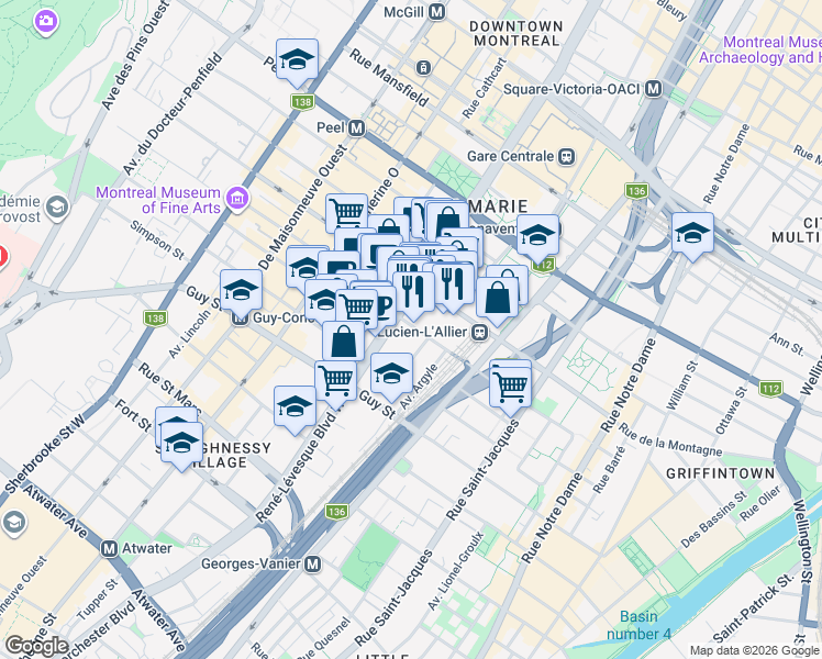 map of restaurants, bars, coffee shops, grocery stores, and more near in Montreal