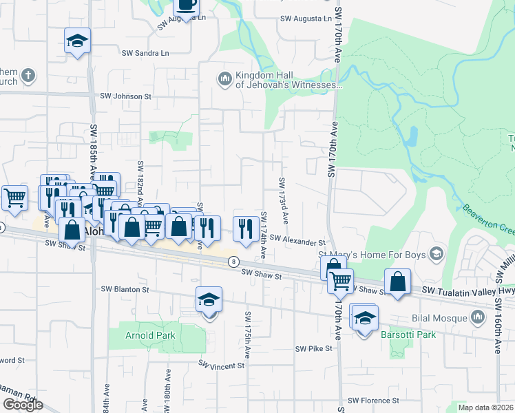 map of restaurants, bars, coffee shops, grocery stores, and more near 17443 Southwest Cricket Court in Beaverton
