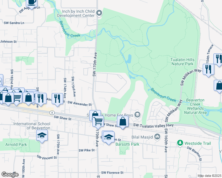map of restaurants, bars, coffee shops, grocery stores, and more near 3280 Southwest 170th Avenue in Beaverton