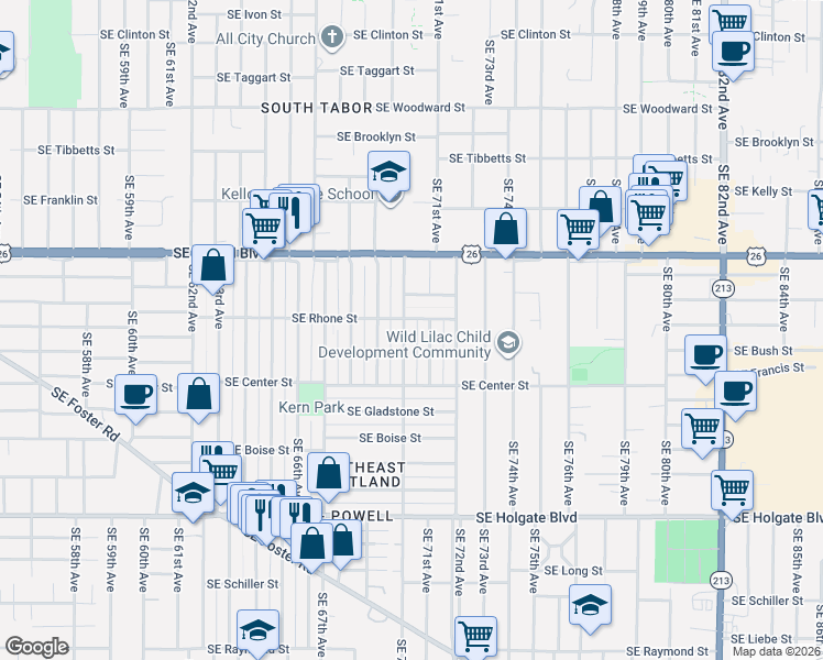 map of restaurants, bars, coffee shops, grocery stores, and more near 3805 Southeast 71st Avenue in Portland