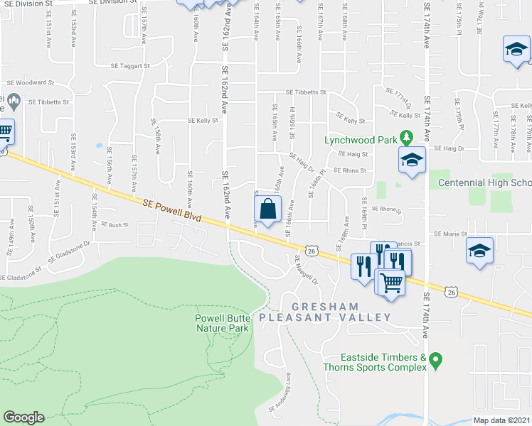 map of restaurants, bars, coffee shops, grocery stores, and more near 3800 Southeast 164th Avenue in Portland