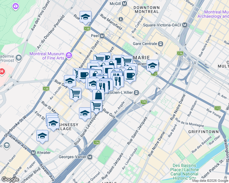 map of restaurants, bars, coffee shops, grocery stores, and more near 1400 Boulevard René-Lévesque Ouest in Montréal