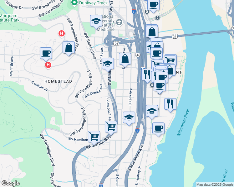 map of restaurants, bars, coffee shops, grocery stores, and more near 3828 Southwest Water Avenue in Portland