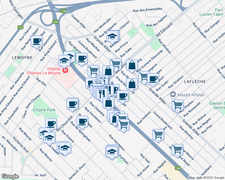 map of restaurants, bars, coffee shops, grocery stores, and more near 3251 Rue de Mont Royal in Longueuil