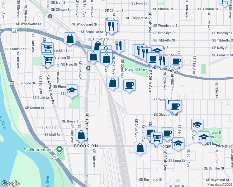 map of restaurants, bars, coffee shops, grocery stores, and more near 3860 Southeast 21st Avenue in Portland
