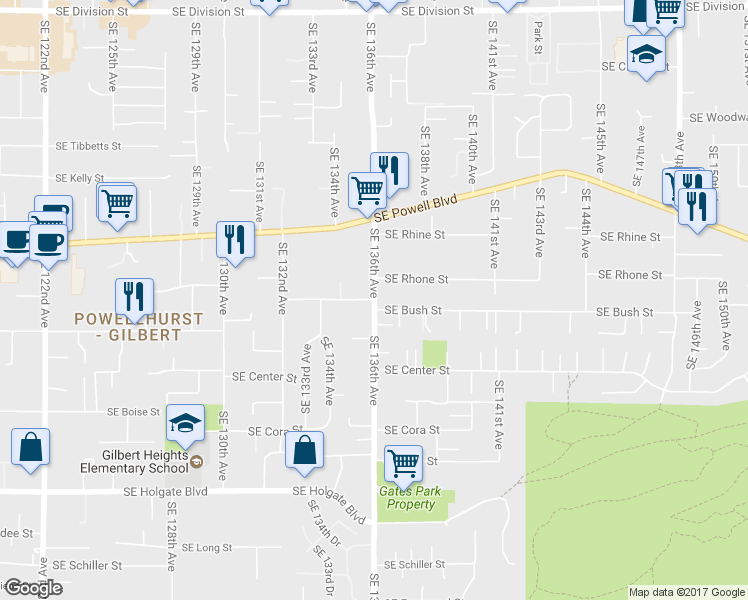 map of restaurants, bars, coffee shops, grocery stores, and more near 13510 Southeast Bush Street in Portland