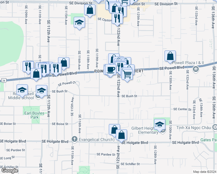 map of restaurants, bars, coffee shops, grocery stores, and more near 12011 Southeast Bush Street in Portland