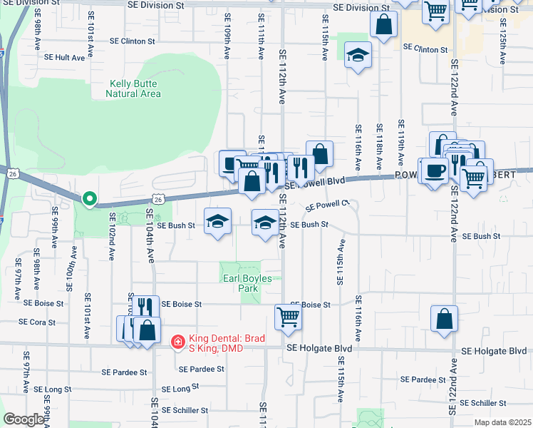 map of restaurants, bars, coffee shops, grocery stores, and more near 11149 Southeast Bush Street in Portland