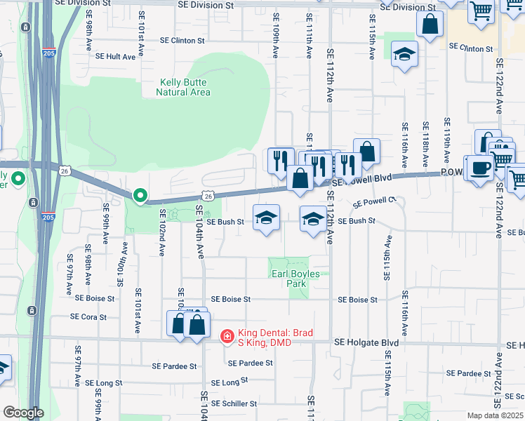 map of restaurants, bars, coffee shops, grocery stores, and more near 10839 Southeast Bush Street in Portland