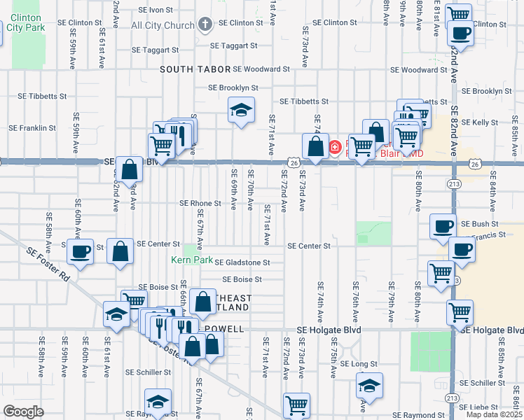map of restaurants, bars, coffee shops, grocery stores, and more near 3805 Southeast 71st Avenue in Portland