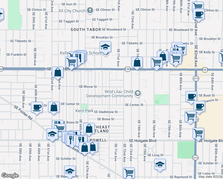map of restaurants, bars, coffee shops, grocery stores, and more near 3805 Southeast 71st Avenue in Portland