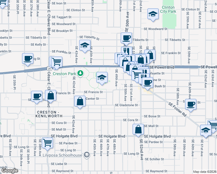 map of restaurants, bars, coffee shops, grocery stores, and more near 4627 Southeast Francis Street in Portland