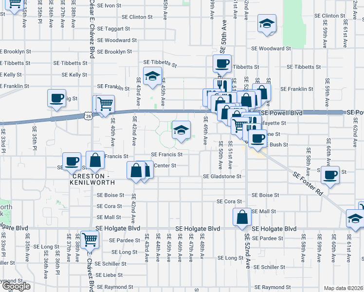 map of restaurants, bars, coffee shops, grocery stores, and more near 4627 Southeast Francis Street in Portland