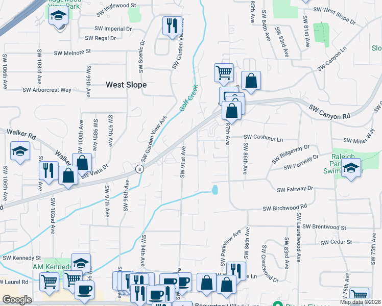 map of restaurants, bars, coffee shops, grocery stores, and more near 3480 Southwest 91st Avenue in Portland