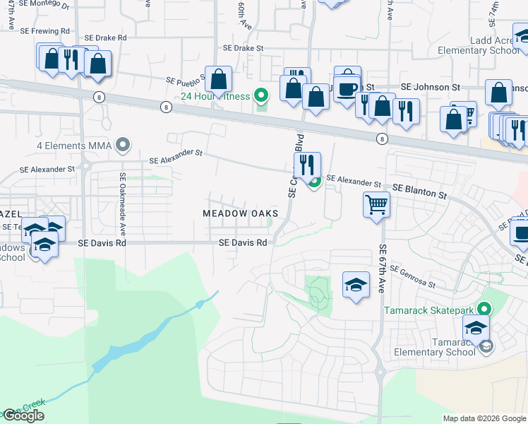 map of restaurants, bars, coffee shops, grocery stores, and more near 6228 Southeast Lone Oak Place in Hillsboro