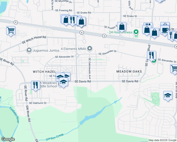 map of restaurants, bars, coffee shops, grocery stores, and more near 5219 Southeast Thornapple Street in Hillsboro