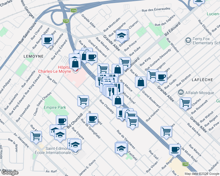 map of restaurants, bars, coffee shops, grocery stores, and more near 3259 Boulevard Taschereau in Longueuil