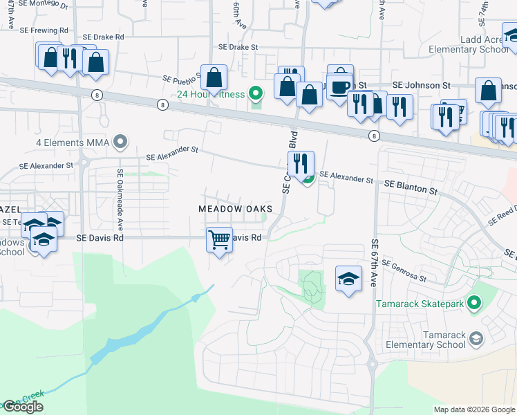 map of restaurants, bars, coffee shops, grocery stores, and more near 6228 Southeast Lone Oak Place in Hillsboro