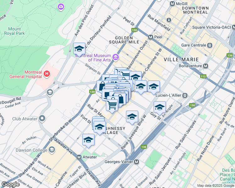 map of restaurants, bars, coffee shops, grocery stores, and more near 1600 Boulevard de Maisonneuve Ouest in Montréal