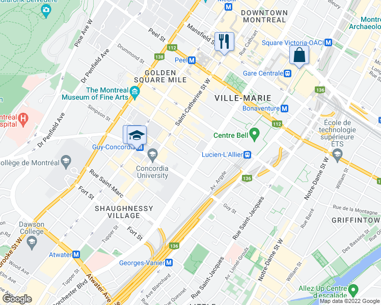 map of restaurants, bars, coffee shops, grocery stores, and more near 1172 Rue Bishop in Montréal
