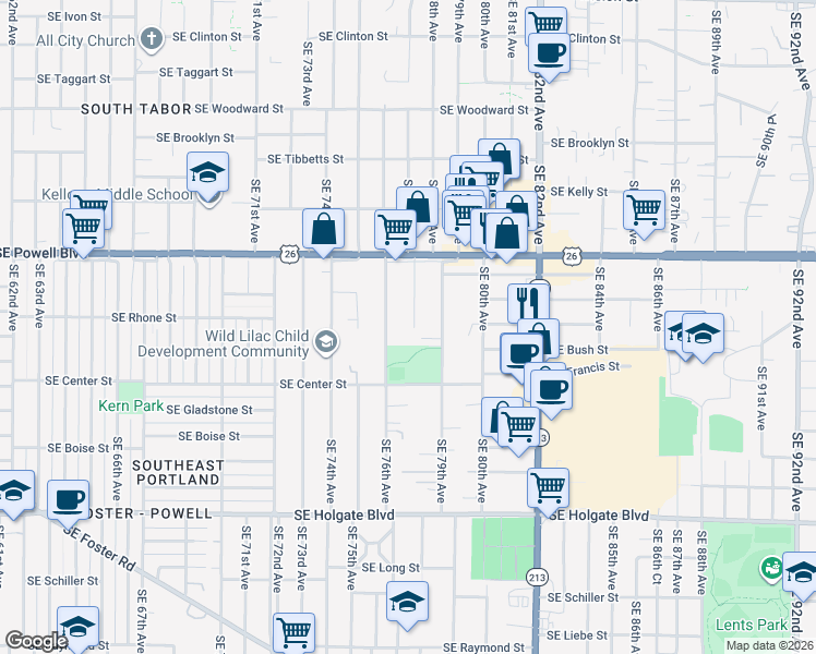 map of restaurants, bars, coffee shops, grocery stores, and more near 3657 Southeast 77th Avenue in Portland