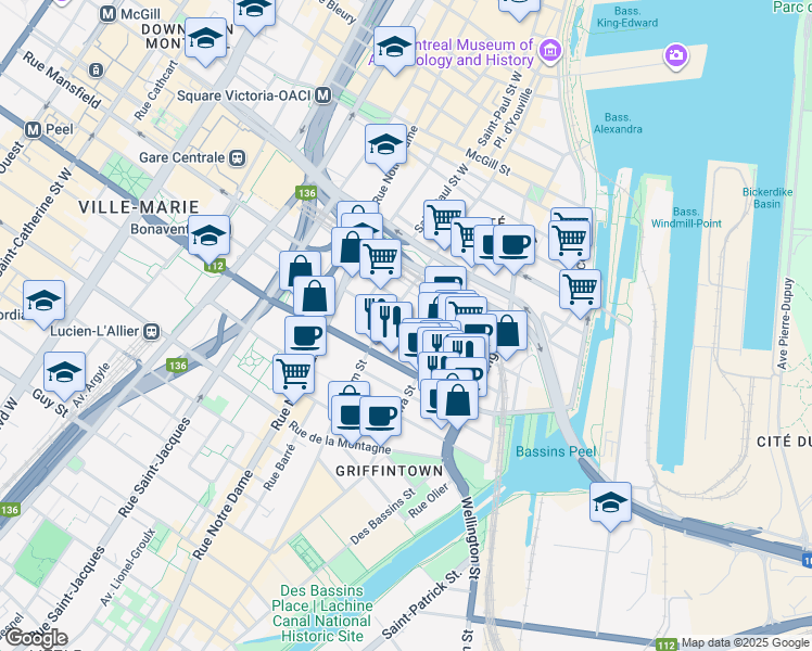 map of restaurants, bars, coffee shops, grocery stores, and more near 300 Rue Ann in Montréal