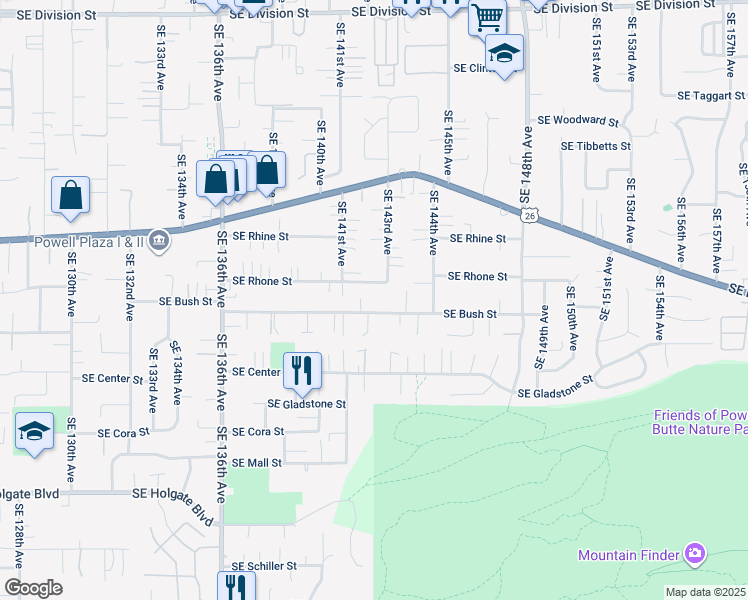 map of restaurants, bars, coffee shops, grocery stores, and more near 14155 Southeast Bush Street in Portland
