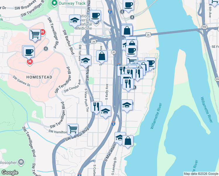 map of restaurants, bars, coffee shops, grocery stores, and more near 324 Southwest Abernethy Street in Portland