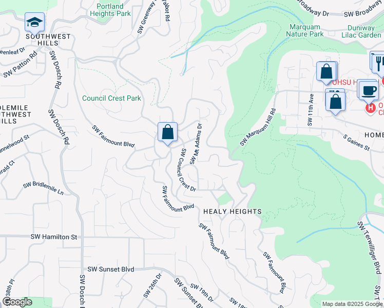 map of restaurants, bars, coffee shops, grocery stores, and more near 3919 Southwest Mount Adams Drive in Portland