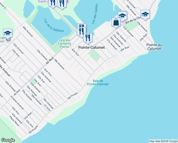 map of restaurants, bars, coffee shops, grocery stores, and more near 178 45e Avenue in Pointe-Calumet