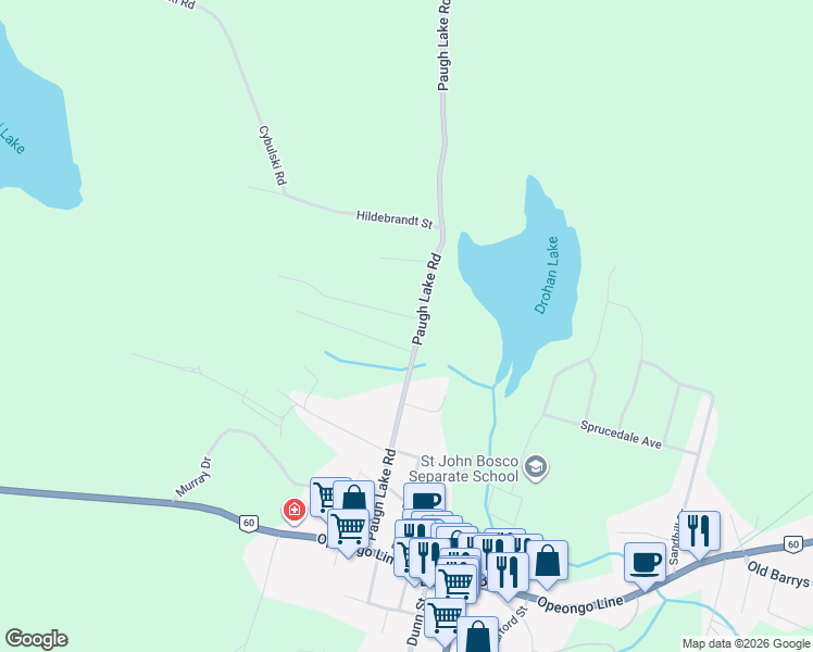 map of restaurants, bars, coffee shops, grocery stores, and more near 135 Paugh Lake Road in Barry's Bay