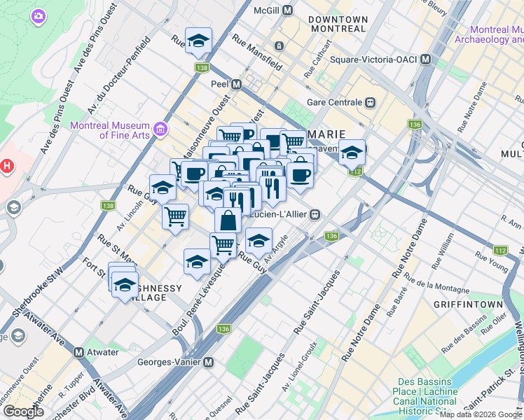 map of restaurants, bars, coffee shops, grocery stores, and more near 1400 René-Lévesque Boulevard West in Montreal
