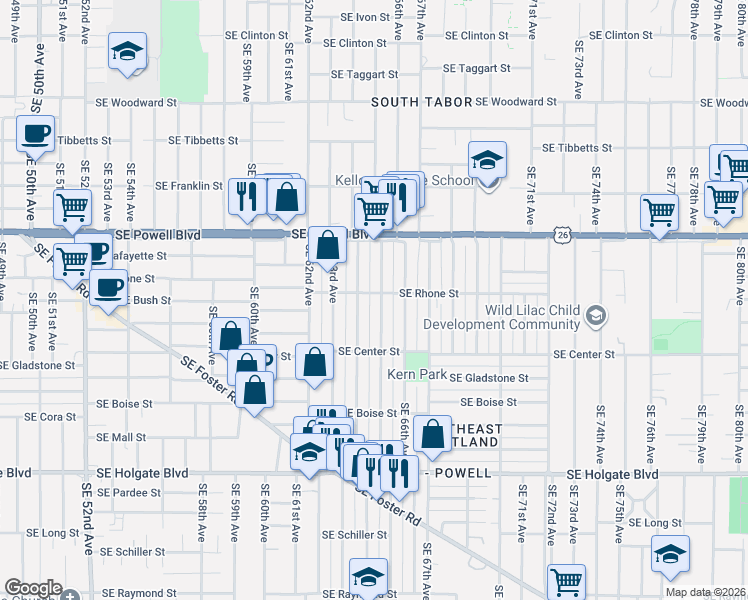 map of restaurants, bars, coffee shops, grocery stores, and more near 3801 Southeast 65th Avenue in Portland