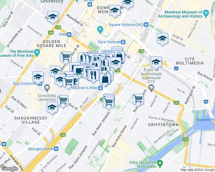 map of restaurants, bars, coffee shops, grocery stores, and more near 1288 Rue Saint-Antoine Ouest in Montréal