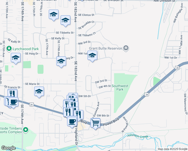 map of restaurants, bars, coffee shops, grocery stores, and more near 275 Southwest Phyllis Court in Gresham