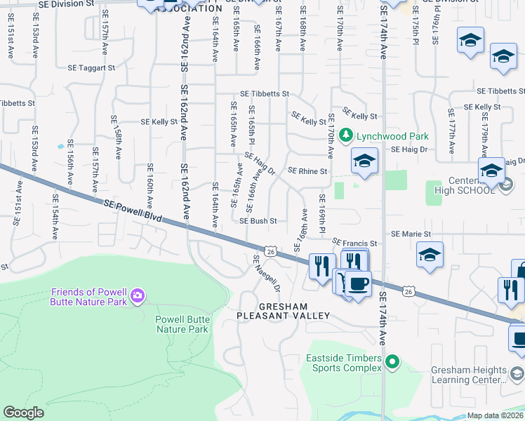 map of restaurants, bars, coffee shops, grocery stores, and more near 16680 Southeast Bush Street in Portland
