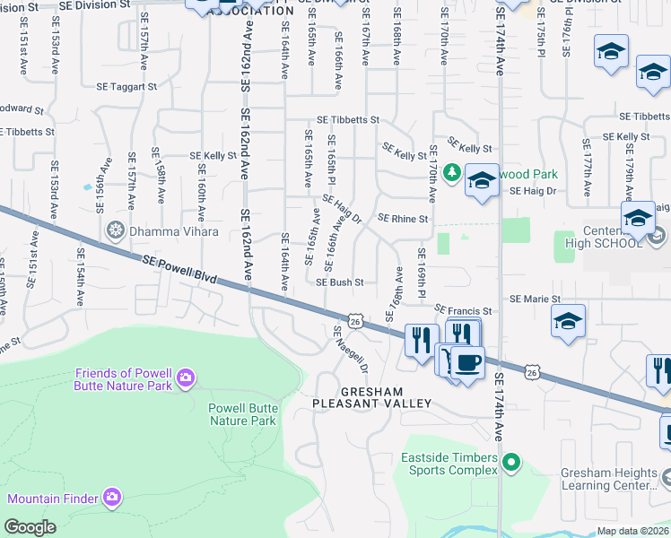 map of restaurants, bars, coffee shops, grocery stores, and more near 16527 Southeast Bush Street in Portland