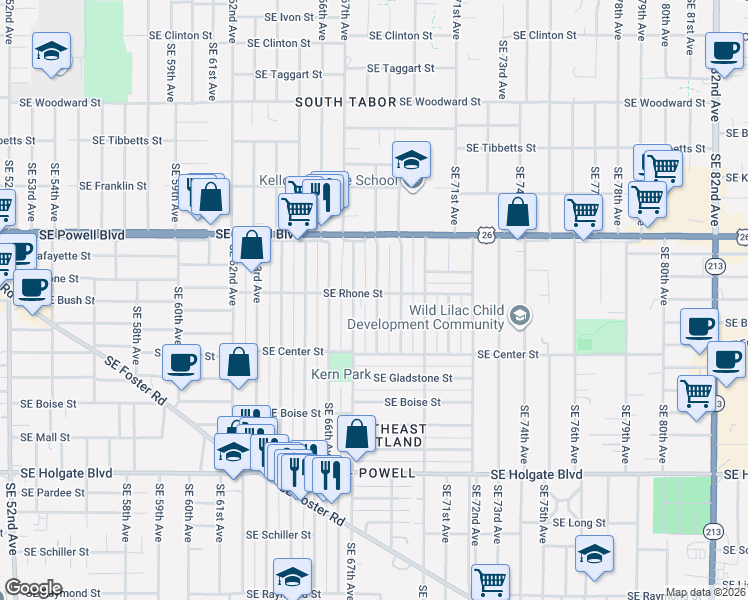 map of restaurants, bars, coffee shops, grocery stores, and more near 3803 Southeast 68th Avenue in Portland