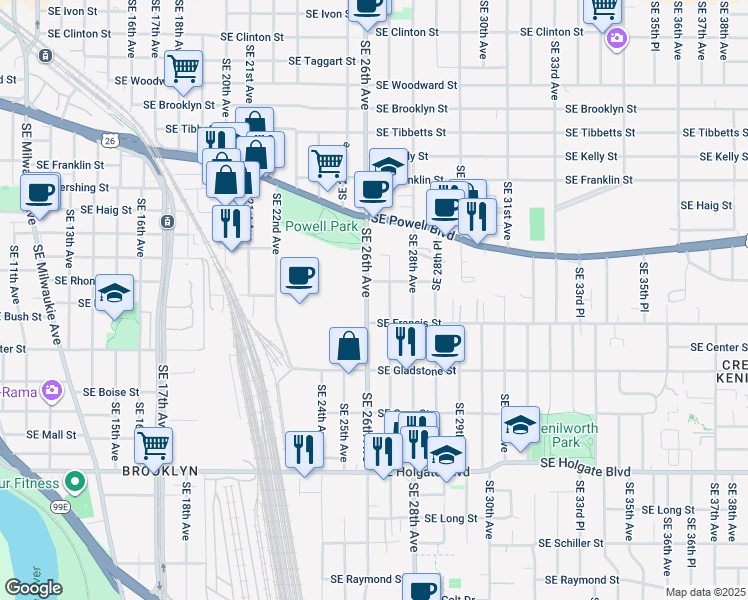 map of restaurants, bars, coffee shops, grocery stores, and more near 3841 Southeast 26th Avenue in Portland