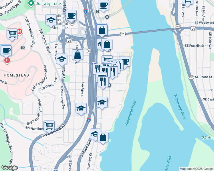map of restaurants, bars, coffee shops, grocery stores, and more near 3833 South Bond Avenue in Portland