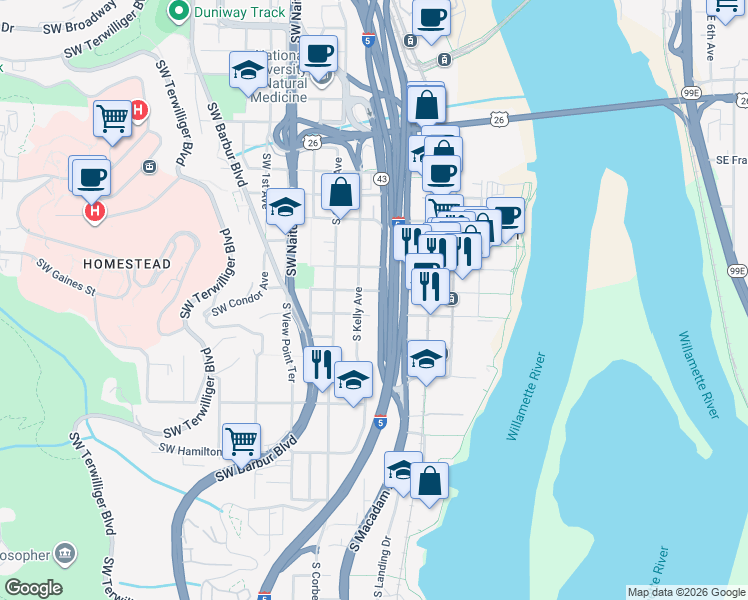 map of restaurants, bars, coffee shops, grocery stores, and more near 324 Southwest Abernethy Street in Portland
