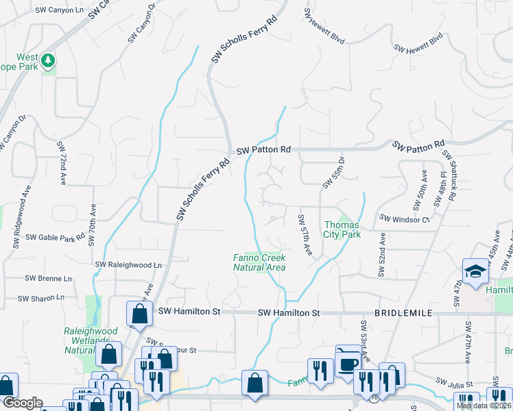 map of restaurants, bars, coffee shops, grocery stores, and more near 5841 Southwest Thomas Court in Portland