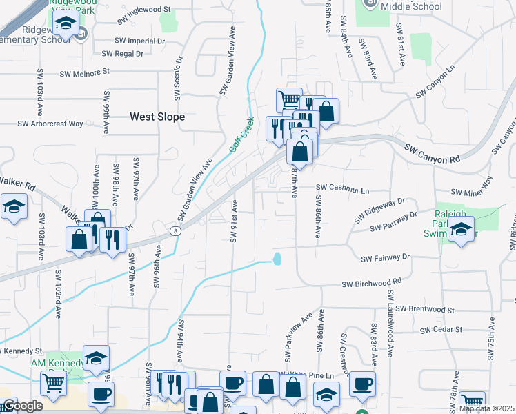 map of restaurants, bars, coffee shops, grocery stores, and more near 8979 Southwest Harmon Lane in Portland