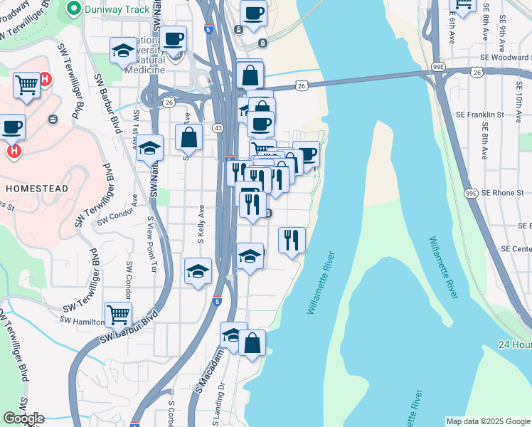 map of restaurants, bars, coffee shops, grocery stores, and more near 3833 South Bond Avenue in Portland