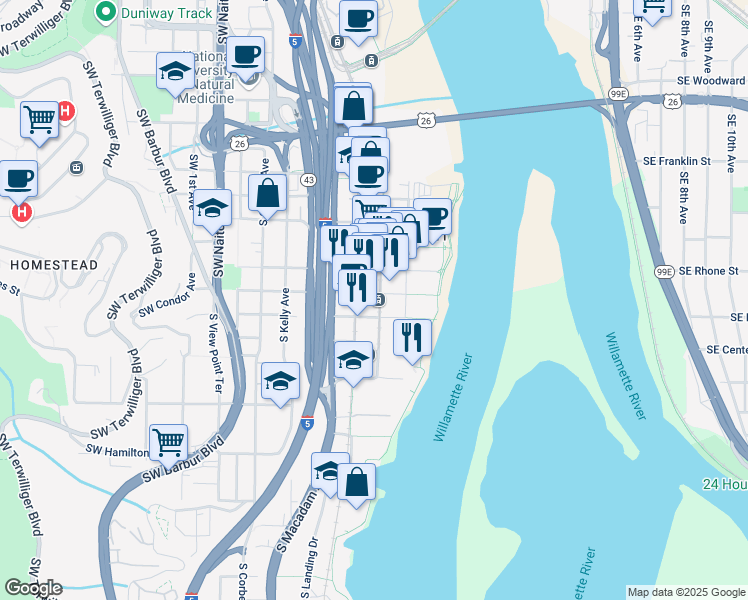 map of restaurants, bars, coffee shops, grocery stores, and more near 3833 South Bond Avenue in Portland