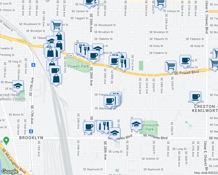 map of restaurants, bars, coffee shops, grocery stores, and more near 3733 Southeast 28th Place in Portland