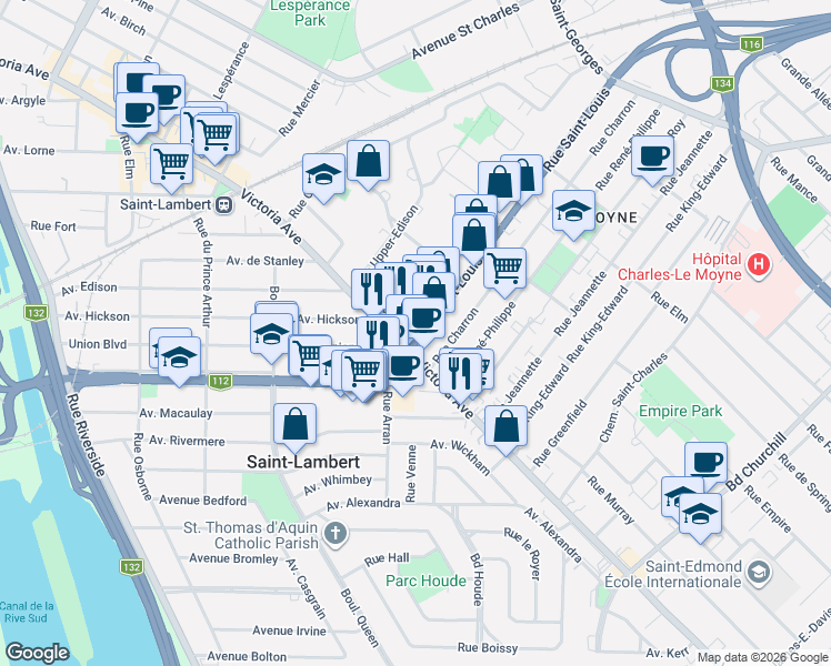 map of restaurants, bars, coffee shops, grocery stores, and more near 11A Rue Saint-Louis in Longueuil