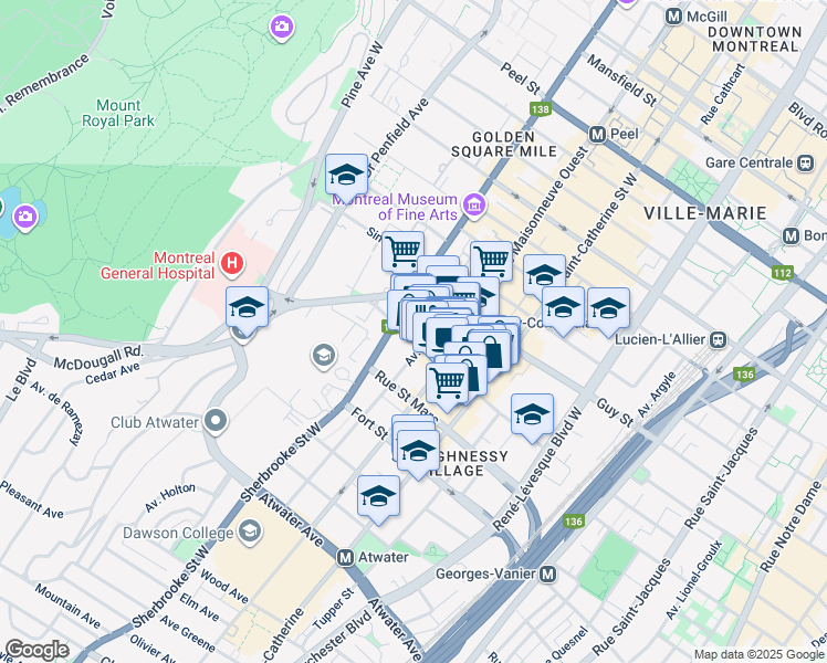 map of restaurants, bars, coffee shops, grocery stores, and more near 2285 Rue Saint Mathieu in Montréal