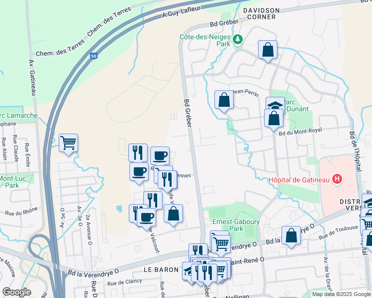 map of restaurants, bars, coffee shops, grocery stores, and more near in Gatineau