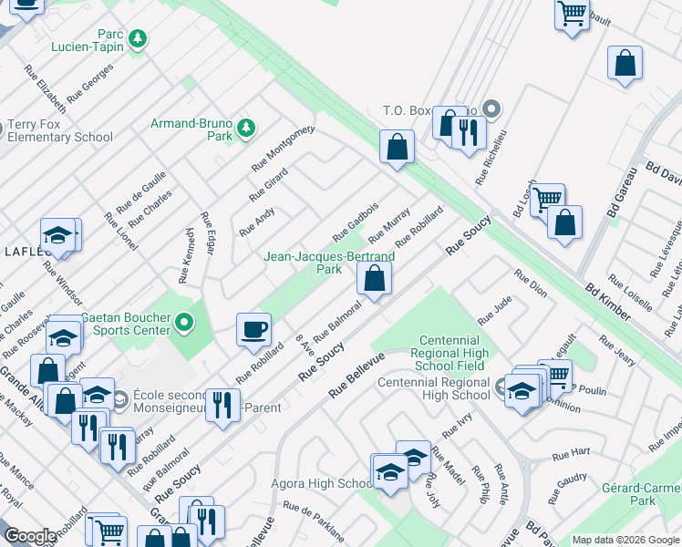 map of restaurants, bars, coffee shops, grocery stores, and more near 1310 Rue Murray in Longueuil